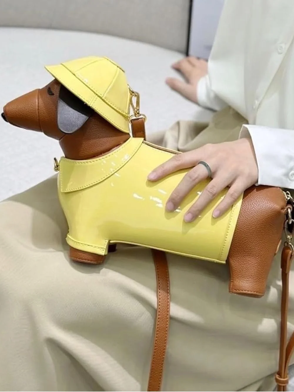 Yellow Dachshund Crossbody Bag with Brown Accents